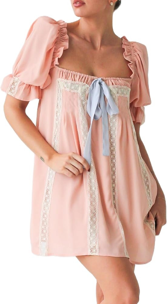 KMBANGI Women Cute Babydoll Dress Short Puff Sleeve Bow Tie Fairy Mini Dress Ruffle Boho Floral S... | Amazon (US)