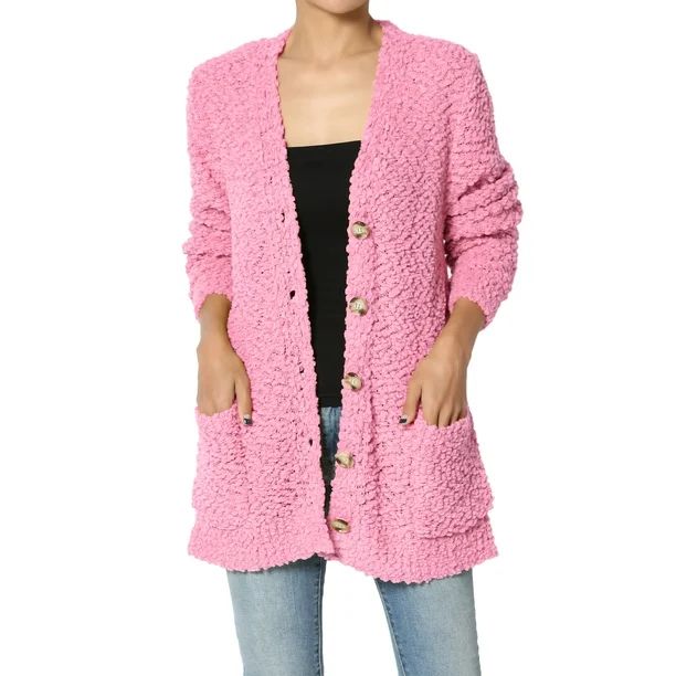 TheMogan Women's S~3X V-Neck Pocket Teddy Knit Cardigan Button Down Sweater - Walmart.com | Walmart (US)