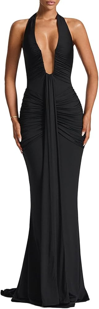 Women Deep V Neck Ruched Maxi Dress Sleeveless Halter Gown Cocktail Evening Formal Dresses | Amazon (US)