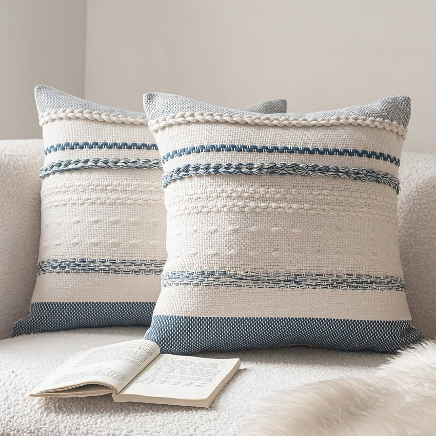 Cethom Boho Throw Pillow Covers 18x18 Inch Set of 2, Blue Textured Decorative Couch Pillow Cases ... | Amazon (US)