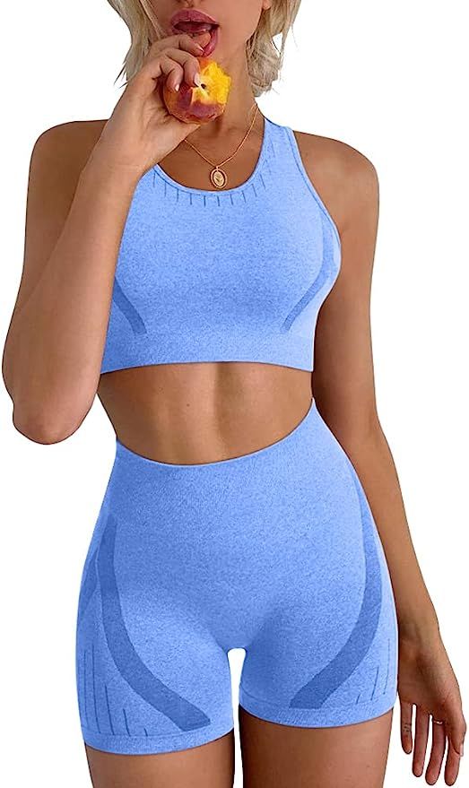 LNSK Women's Yoga 2 Piece Seamless Workout Outfits Running Crop Top Gym High Waist Sport Shorts S... | Amazon (US)