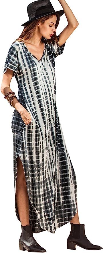 MakeMeChic Women's Boho Casual Maxi Short Sleeve Split Tie Dye Long Dress with Pockets | Amazon (US)