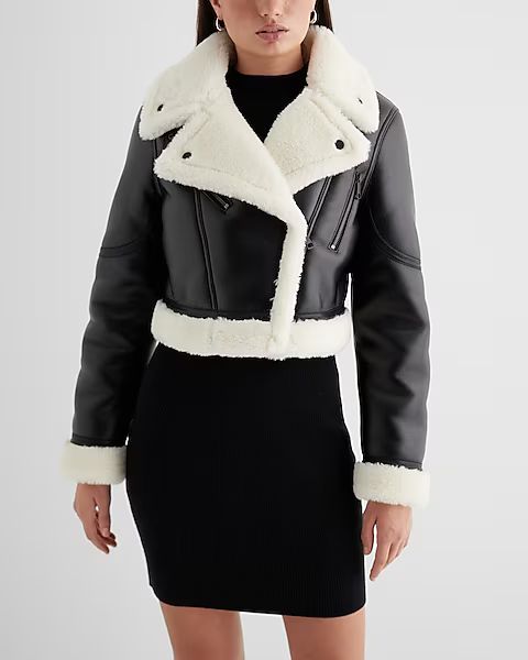 Faux Leather Sherpa Lined Cropped Moto Jacket | Express