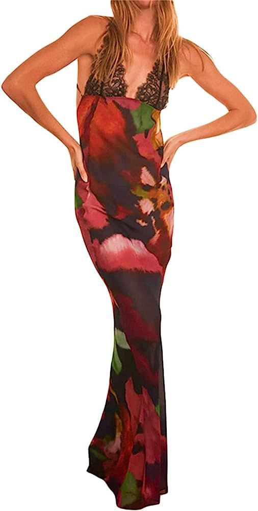 Women Open Back Satin Slip Dress Long Bodycon Floral Print Midi Dress Low Back Cutout Y2k Cocktai... | Amazon (US)