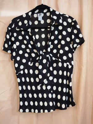 Junction West L Polka dot blk/white sheer top with tie decoration at V neck.  | eBay | eBay US