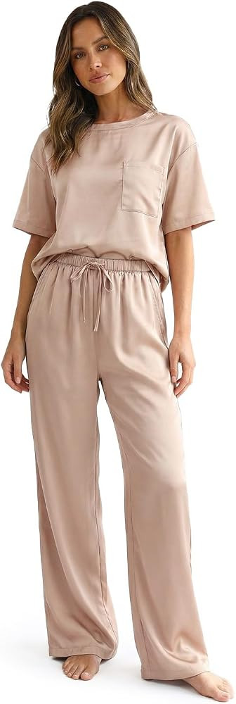 Zylioo Tall Womens Satin Pajama Set 2 Piece Short Sleeve Long Pants | Amazon (US)