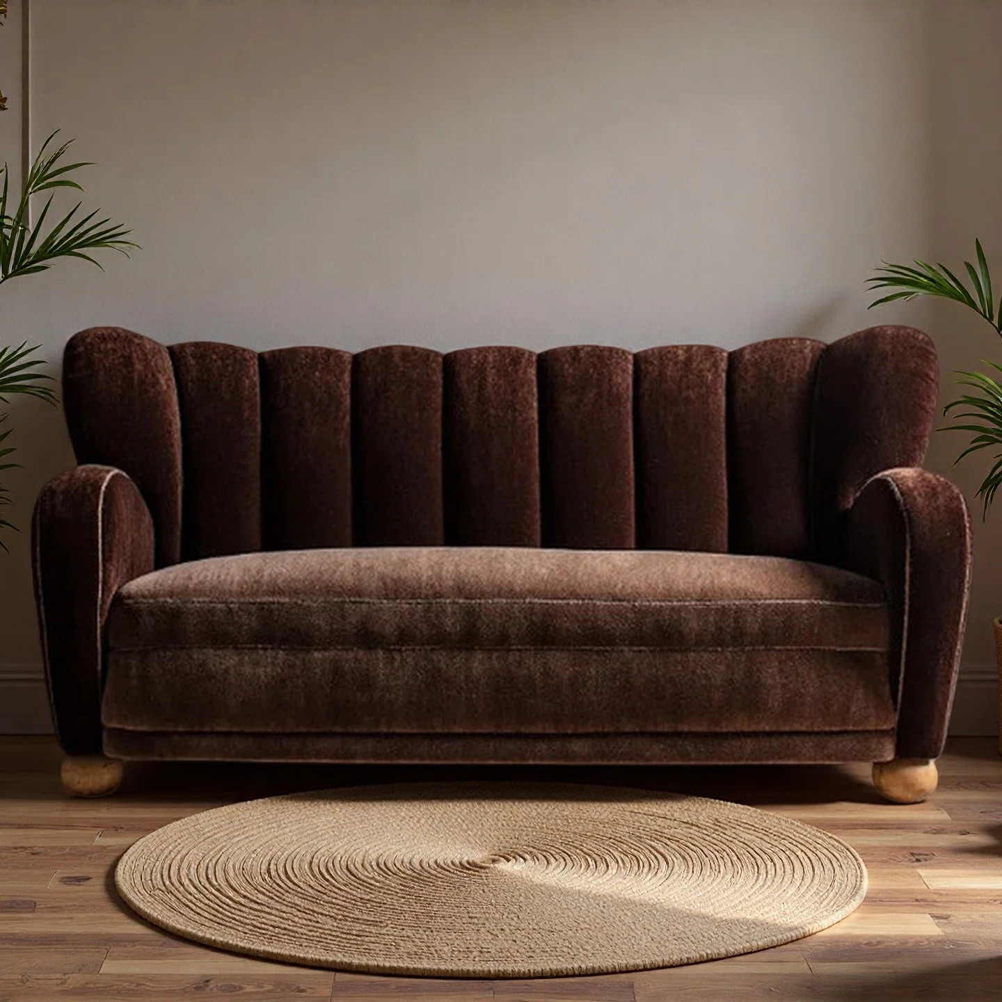 Retro Velvet Brown Curved Three-Seater Sofa | Wayfair North America