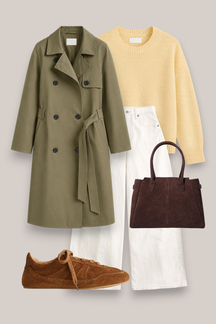 Adding a little colour to an autumn neutral palette 💛 This soft yellow knit works beautifully with khaki, white jeans and warm brown suede accessories. #khakitrench #whitejeans #fallcolors #casualoutfit 

 #LTKautumn #LTKjeans #LTKstyletip
