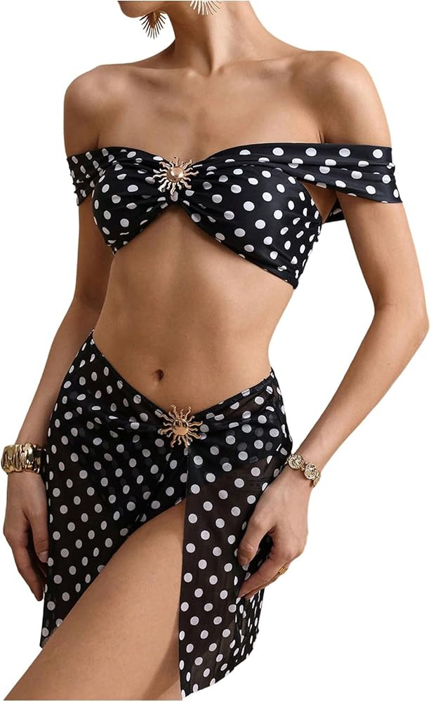 SweatyRocks Women's 3 Piece Bathing Suit Polka Dots Strapless Bikini Sets with Cover Up Skirt | Amazon (US)
