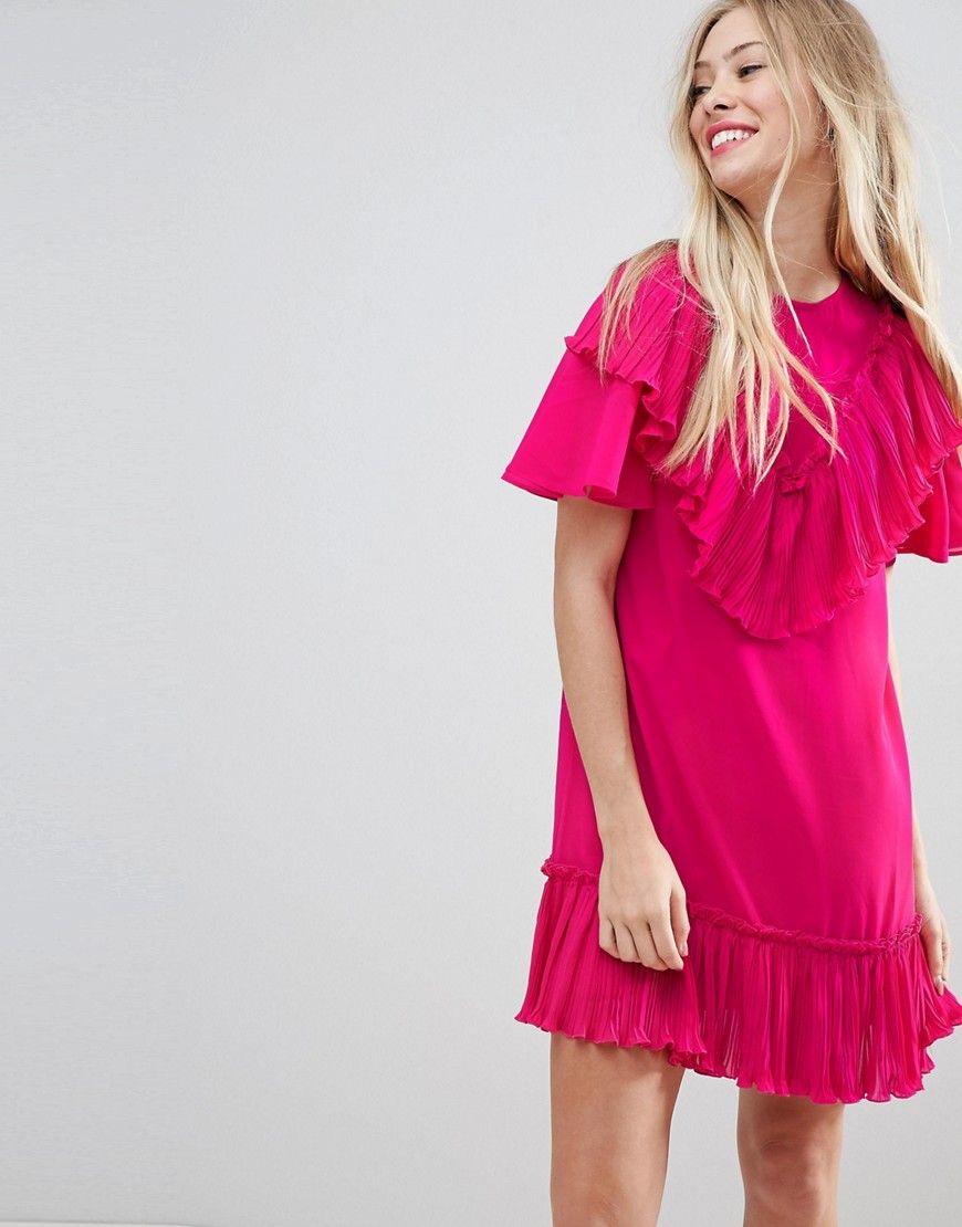 ASOS Pleated Ruffle Shift Mini Dress - Pink | ASOS US