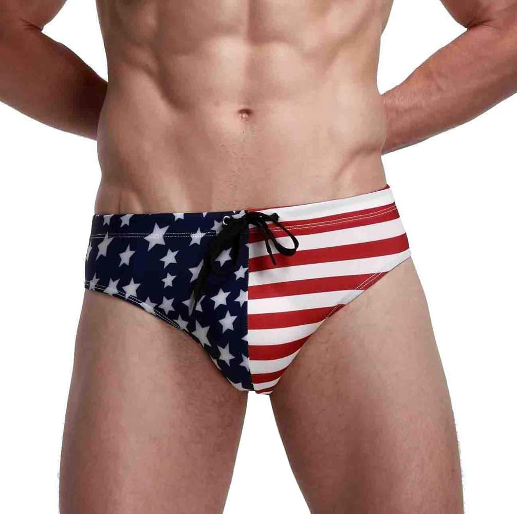 Linemoon Mens American Flag Swim Briefs Fashion Low Rise Beach Swimsuits with Drawstring | Amazon (US)