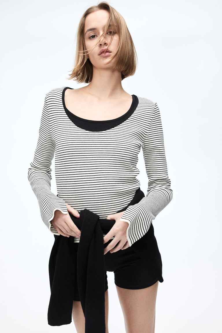 Rib-knit Top - White/black striped - Ladies | H&M US | H&M (US + CA)