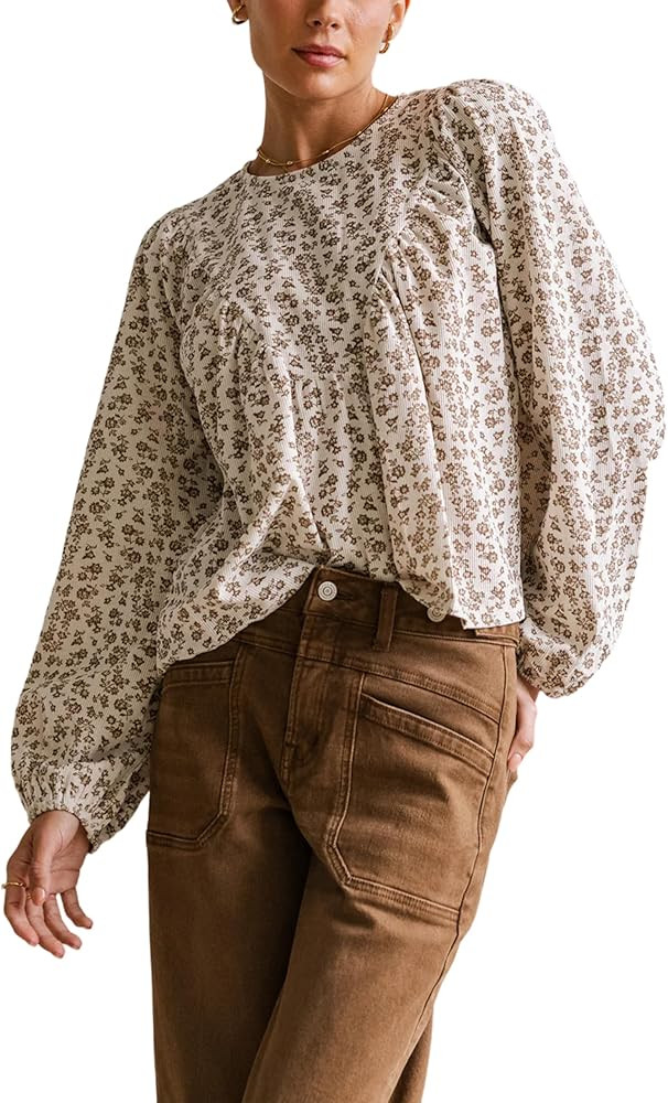 Women's Floral Print Blouses Long Sleeve Crewneck Babydoll Peplum Tunic Dressy Tops | Amazon (US)