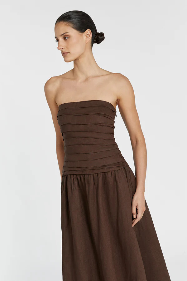 CATANIA BITTER CHOC LINEN STRAPLESS DRESS | DISSH