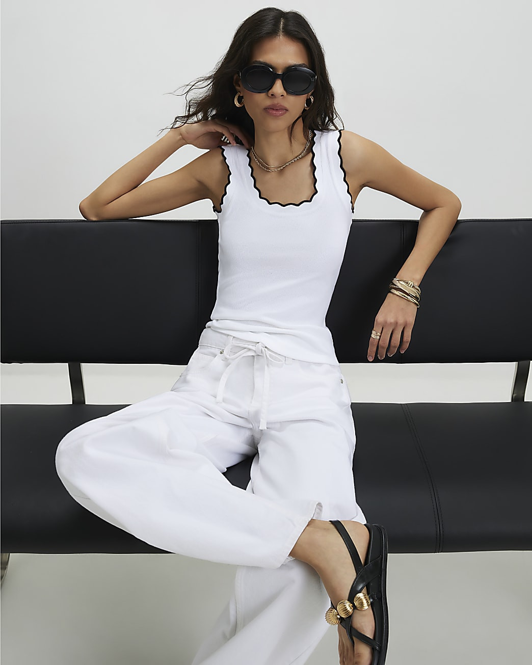 White Sleeveless Scallop Trim Tank Top | River Island UK & IE
