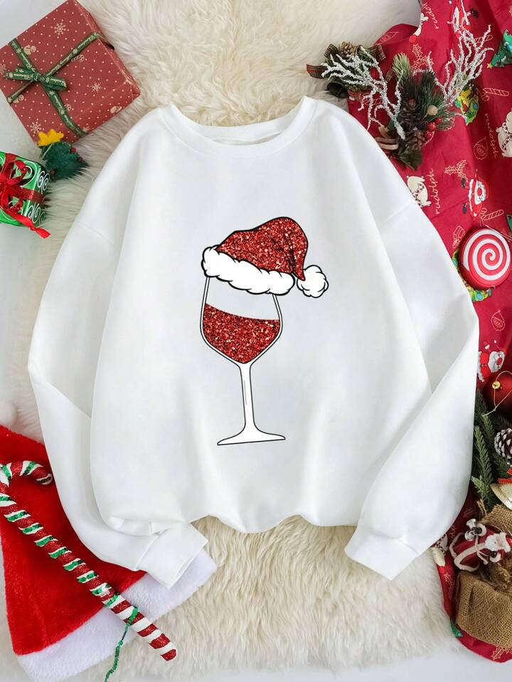 Christmas Hat & Goblet Print Thermal Lined Sweatshirt | SHEIN