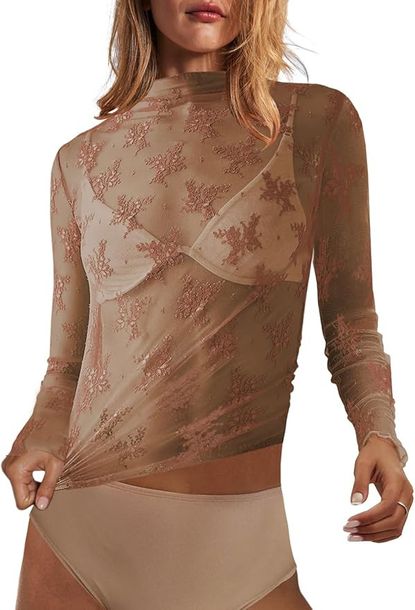 SENSERISE Womens Lace Layering Top Long Sleeve Tops Sheer Mesh Mock Neck Floral Embroidery See Th... | Amazon (US)