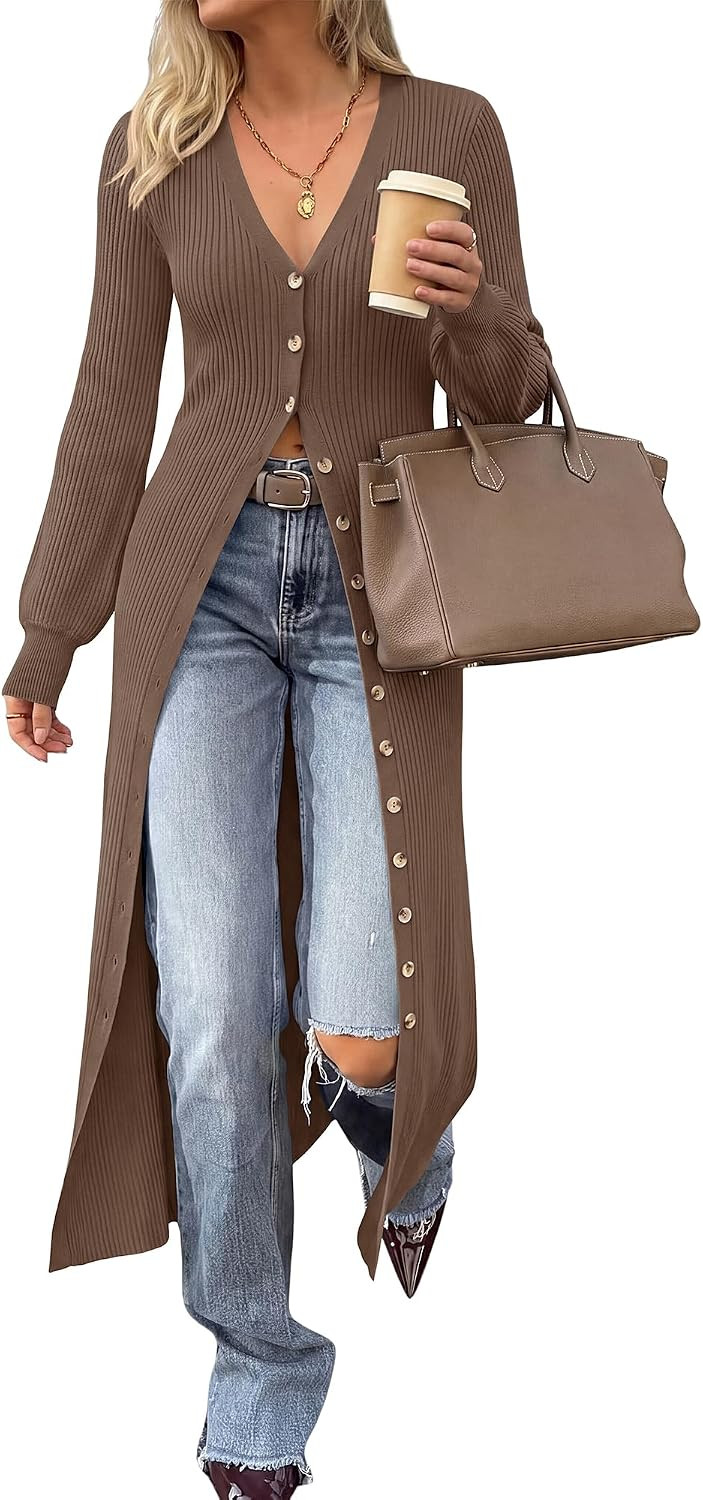 BTFBM Button Up Long Cardigans for Women Ribbed V Neck Midi Sweater Dress | Amazon (US)