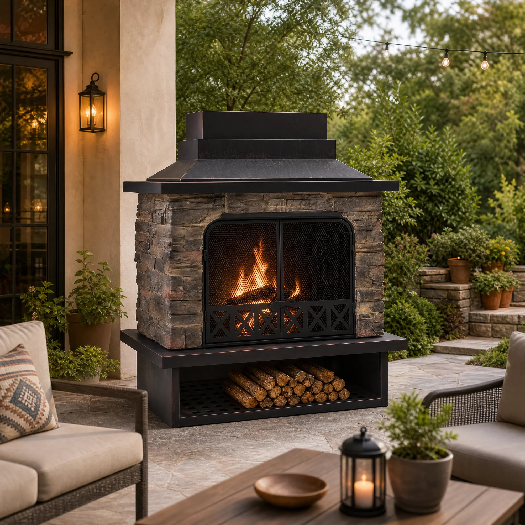 Sunjoy Pirtle Outdoor Fireplace, Heavy Duty Patio Wood Burning Fireplace with Steel Chimney, Mesh Spark Screen Doors, Removable Grate and Fire Poker | Wayfair North America