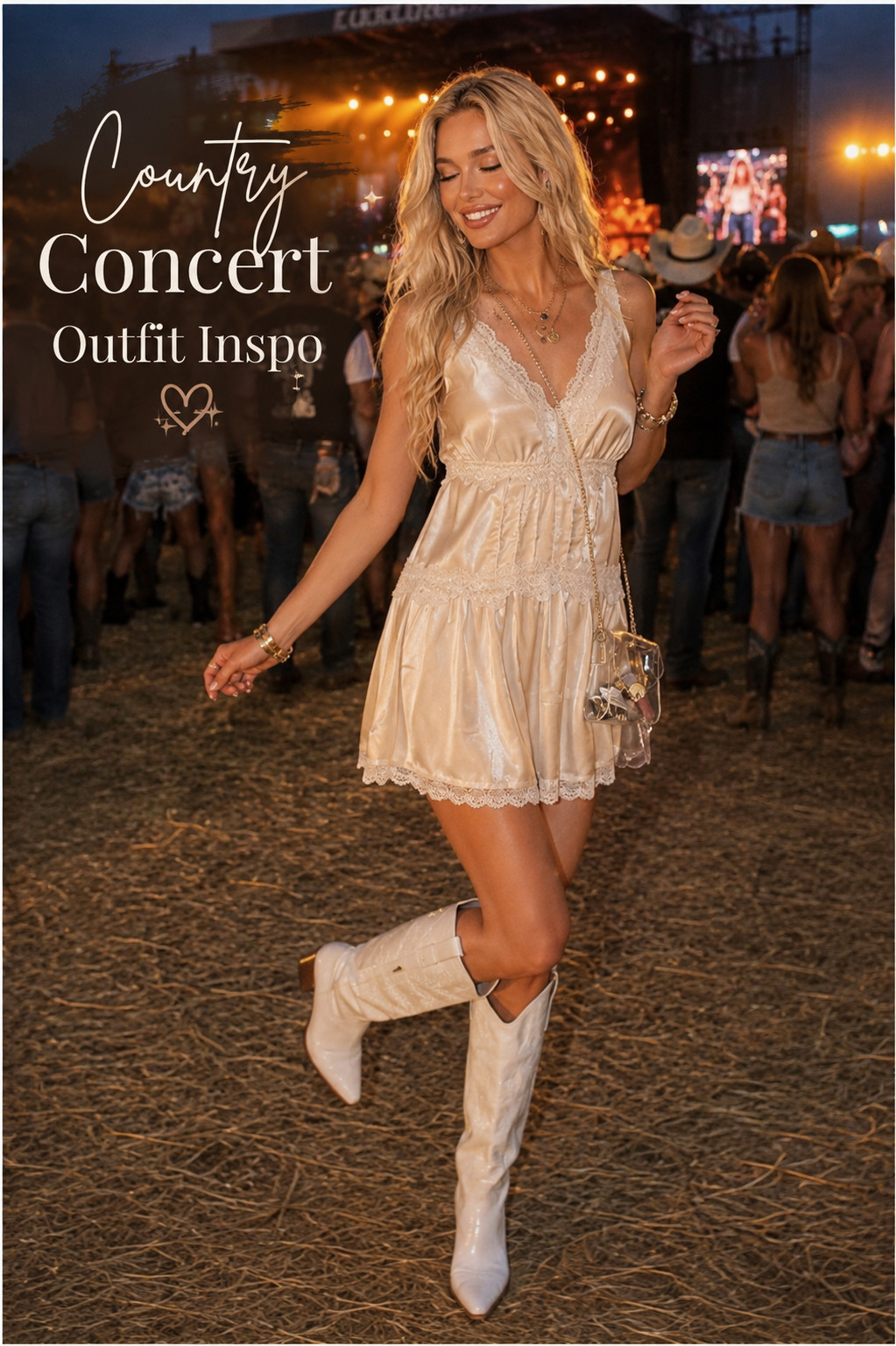 🤠✨ Country Concert Outfit Inspo | White Lace Mini Dress & Cowboy Boots Outfit for Summer Concerts


Looking for the perfect country concert outfit? This feminine western-inspired look features a white lace mini dress, white cowboy boots, layered jewelry, and a clear crossbody bag for the ultimate summer concert aesthetic. Perfect for country music festivals, Nashville trips, rodeos, Stagecoach, outdoor concerts, and summer nights under the stars. Save this pin for your next concert outfit idea!

Whether you're attending a Morgan Wallen, Luke Combs, Kelsea Ballerini, or Zach Bryan concert, this outfit is effortlessly chic, trendy, and comfortable. 🤍✨

country concert outfit, Nashville outfit, western fashion, rodeo outfit, cowgirl outfit, summer concert outfit, white cowboy boots outfit, festival outfit inspo, Stagecoach outfit, country girl style, western chic fashion, southern style outfit, concert aesthetic.

Hashtags

#CountryConcertOutfit #CountryConcertOutfitInspo #WesternFashion #CowgirlStyle #NashvilleOutfit #SummerConcertOutfit #FestivalOutfit #StagecoachStyle #CowgirlChic #WhiteCowboyBoots