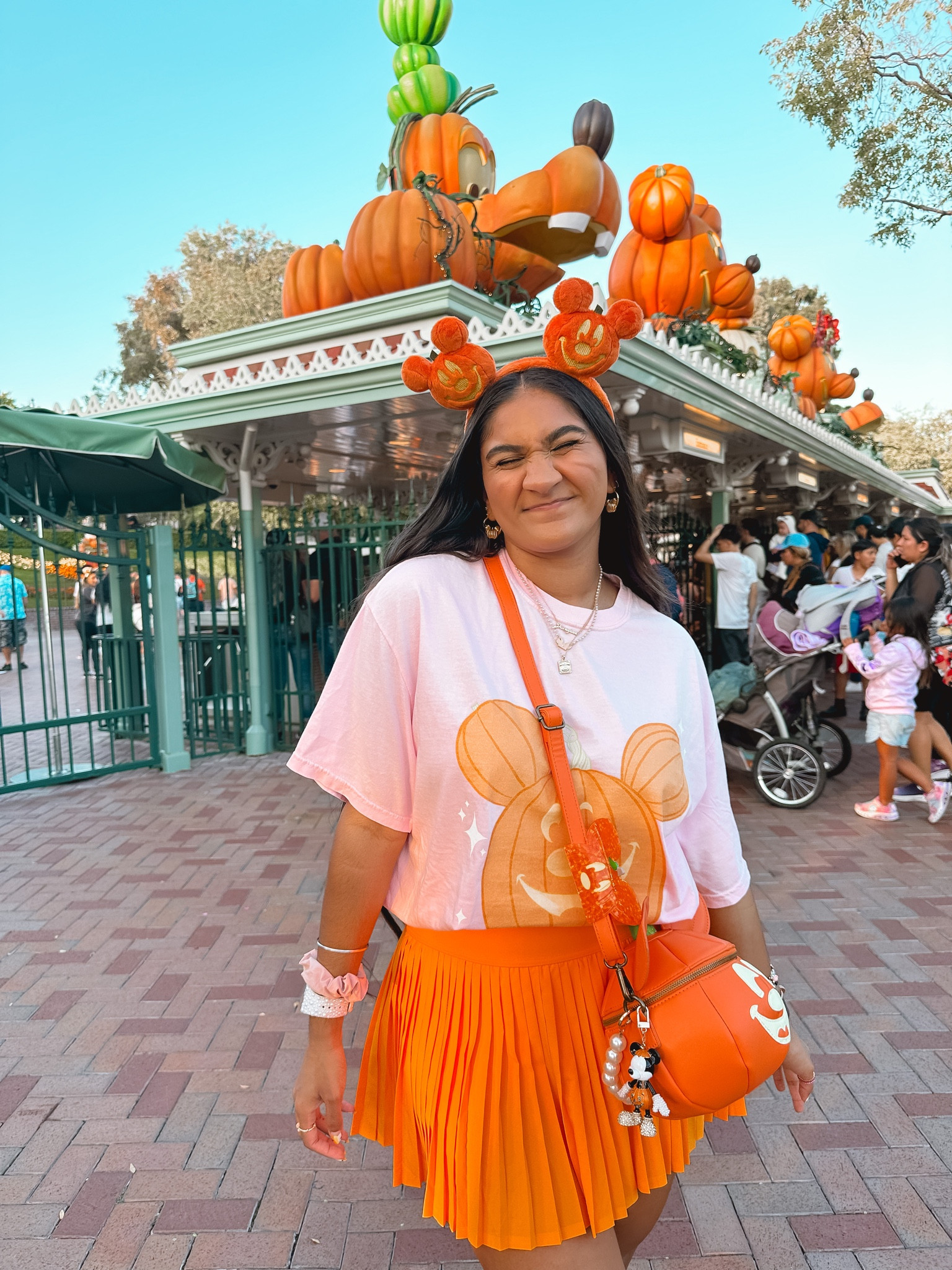 ears- mainstkari code: ahdeesh10
shirt- belleandpark code: ahdeesh10
earrings- spinningcarouselco 
pink hat necklace- joandcogoods
pumpkin necklace- wishesandco
