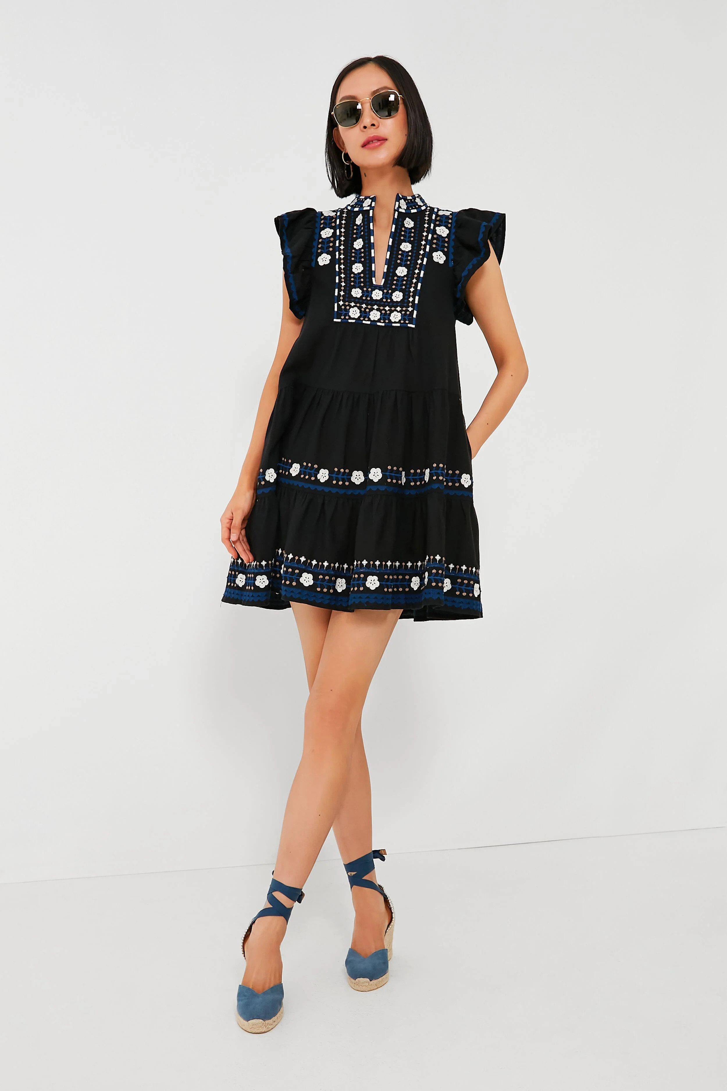 Black Shaina Embroidery Flutter Sleeve Dress | Tuckernuck (US)