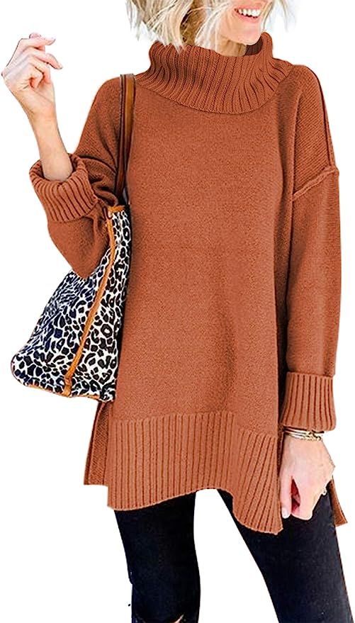 MEROKEETY Women's Casual Crew Neck Side Split Pullover Sweater Loose Long Sleeve Jumper Top | Amazon (US)