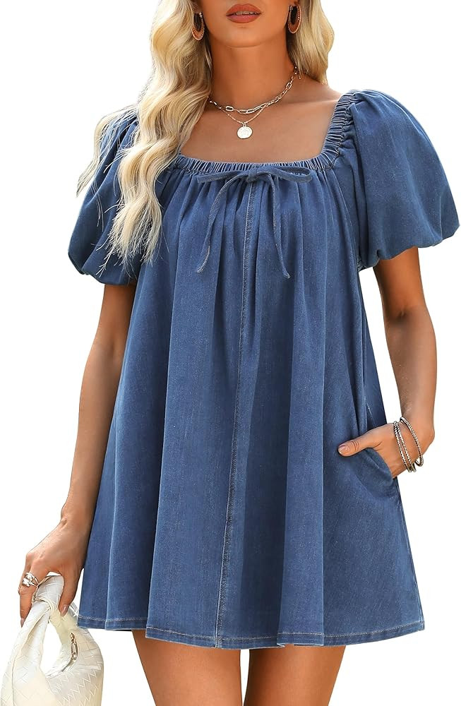 Denim Dress for Women, Puff Short Sleeve Jean Dress Square Neck Denim Romper with Pockets | Amazon (US)