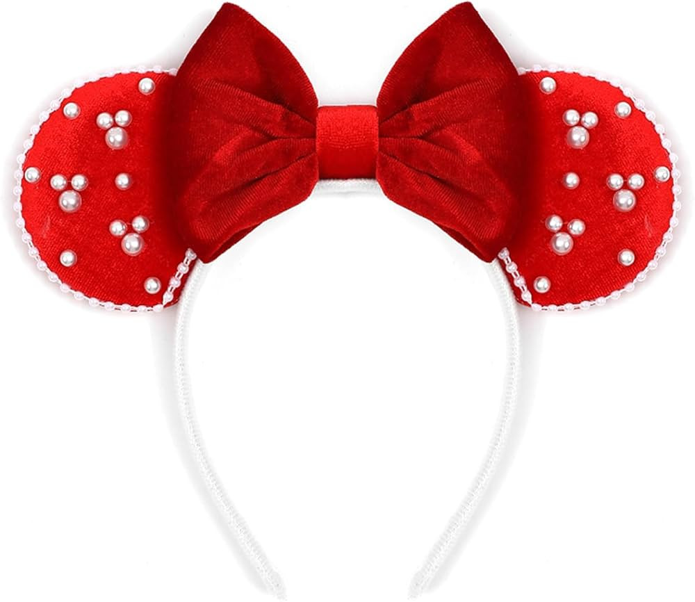 JIAHANG Velvet Mouse Ears Hair Bow Headband with Pearls, Red Christmas Party Decoration Costume H... | Amazon (US)
