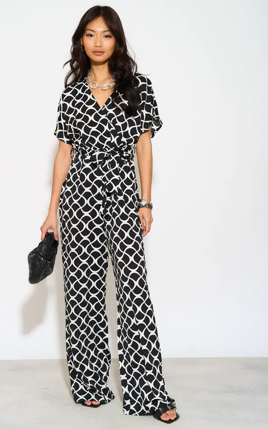 Black Geometric Print Wrap Jumpsuit | Yumi | SilkFred | SilkFred