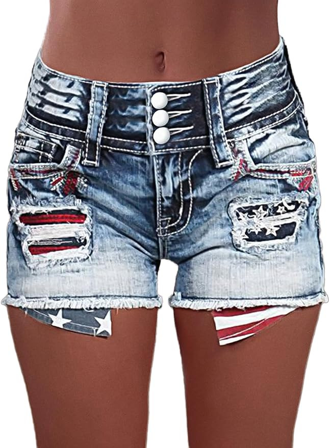 Flamingals Distressed Jean Shorts for Women High Waist American Flag Button Fly Raw Hem Denim Sho... | Amazon (US)