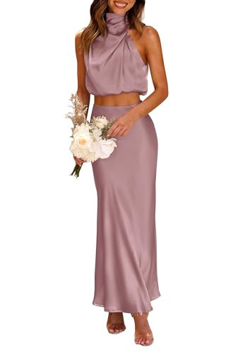 PRETTYGARDEN Women's 2 Piece Satin Outfits Summer Sleeveless Mock Neck Crop Tops and Long Skirt Dress Sets (Dusty Pink,Small) | Amazon (US)
