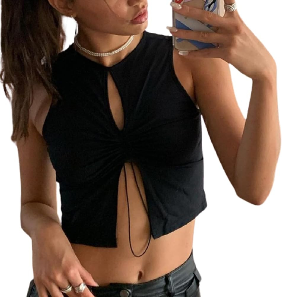 SOFIA'S CHOICE Women's Sleeveless Crop Tops Ruched Tie Back Halter Tank Y2k | Amazon (US)