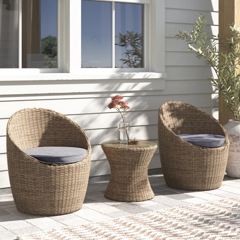 Jakeem 3-Piece Wicker Outdoor Seating Group with Cushions and Tempered Glass TopTable | Wayfair North America