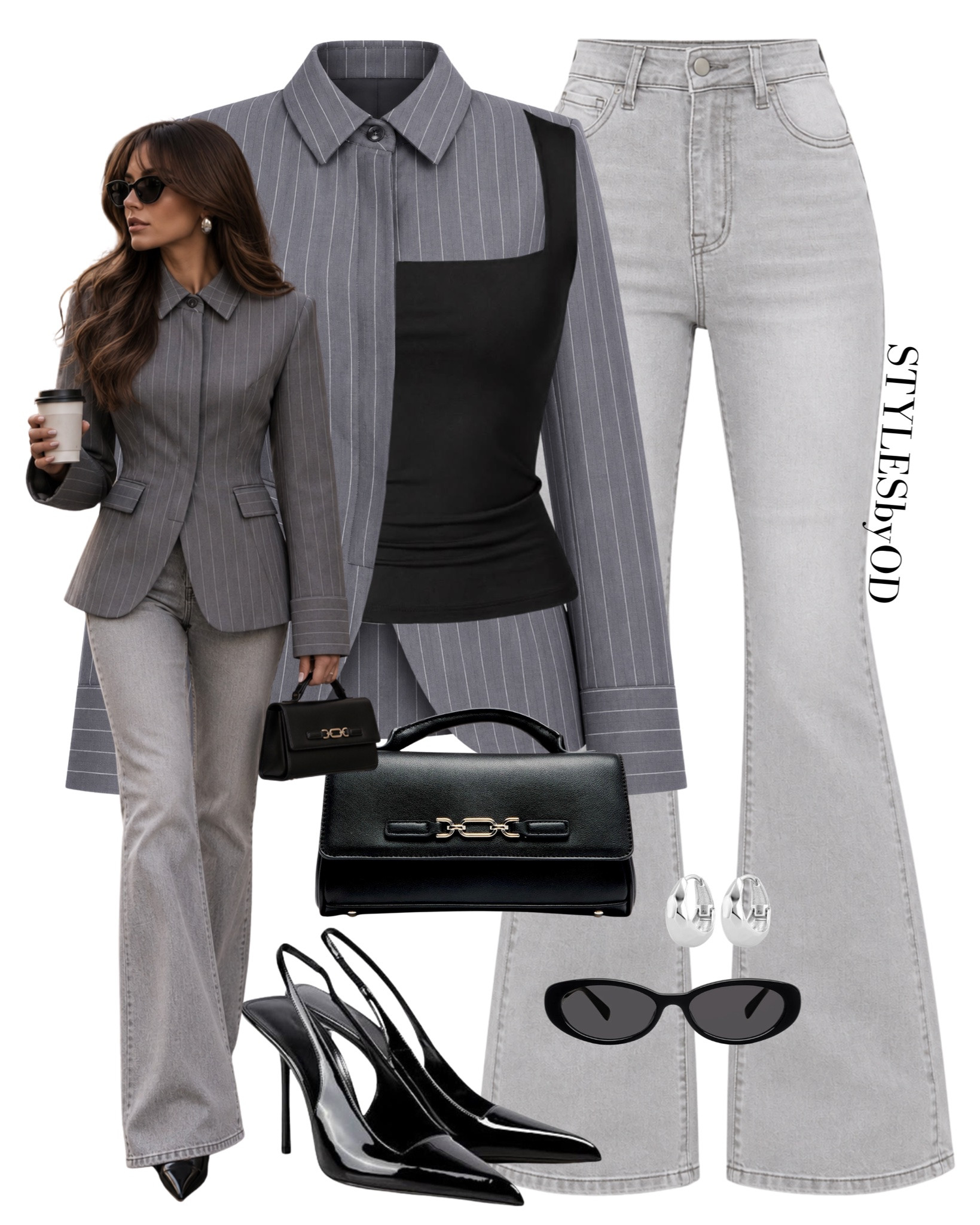 Elevated Office Chic: Pinstripe Blazer & Grey Denim🩶💼

The ultimate modern tailoring formula for work, coffee meetings, or dinner. Pairing a sharp pinstripe blazer with washed grey denim and glossy black accents creates timeless, effortless style✨ 

Outfit Details: Grey pinstripe single-breasted tailored blazer, Essential black fitted top, High-waist light grey flared jeans, Patent black pointed slingback heels, Structured black leather handbag & silver jewelry