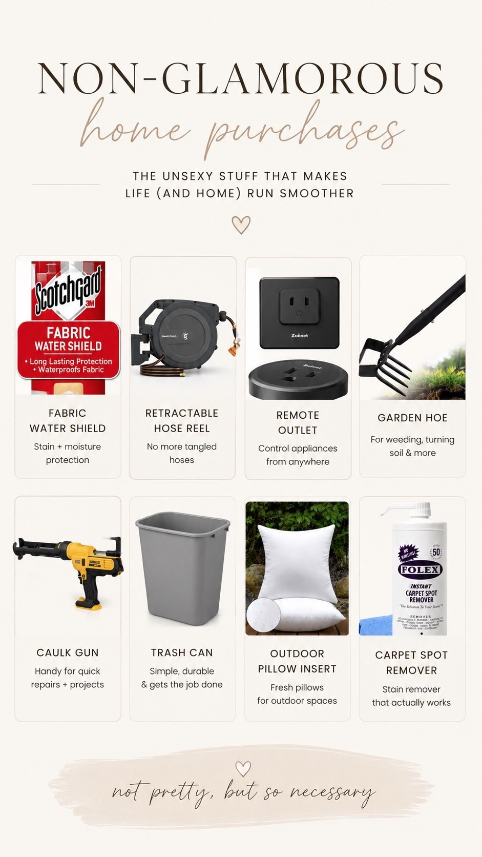 Non-Glamorous Home Purchases I Swear By

Not the pretty purchases… but the ones that quietly make life easier. From stain removers and outdoor upgrades to practical home tools, these are the everyday favorites that earn their spot.

#LTKdayinmylife #LTKHome #LTKSaleAlert