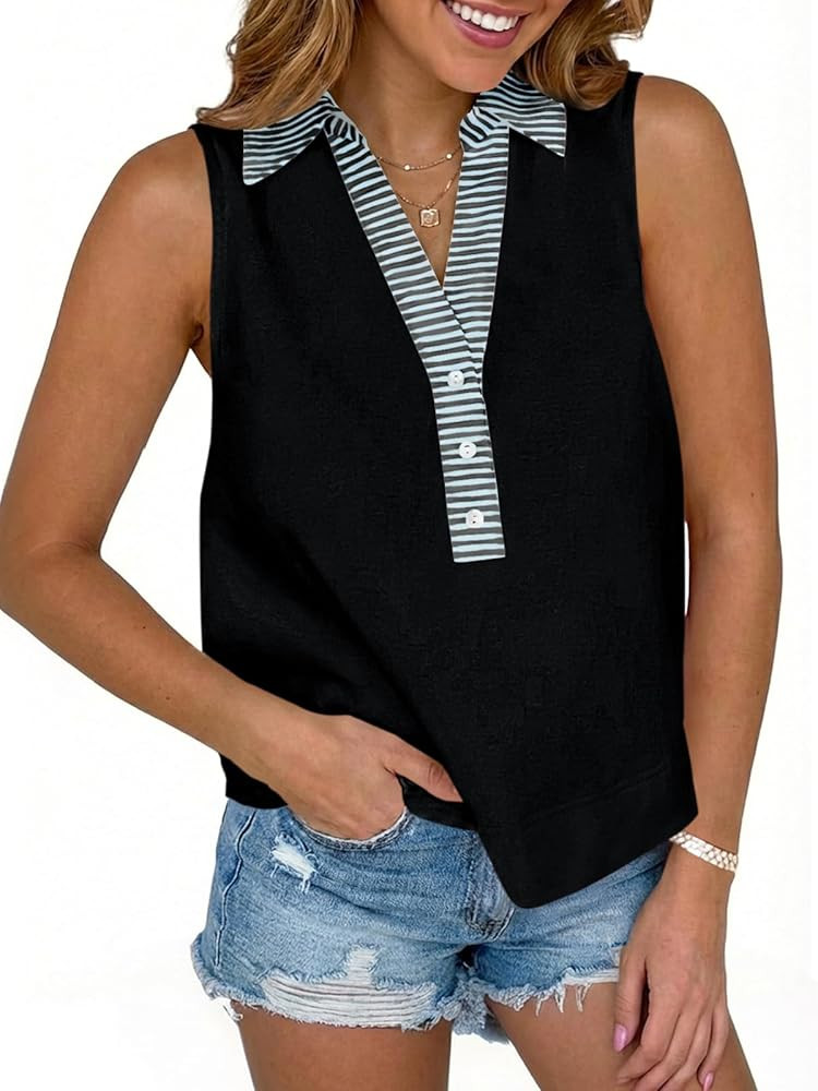 Tankaneo Womens V Neck Cropped Tank Tops Summer Dressy Casual Loose Fit Sleeveless Shirts Button ... | Amazon (US)