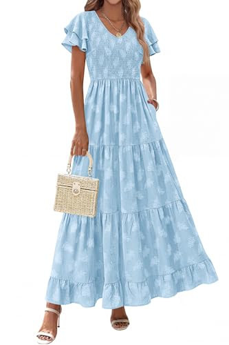 dowerme Maxi Dresses for Women 2026 Summer Ruffle Sleeve V Neck Smocked A Line Floral Boho Tiered Sundress Spring Outfit(Light Blue,Medium) | Amazon (US)