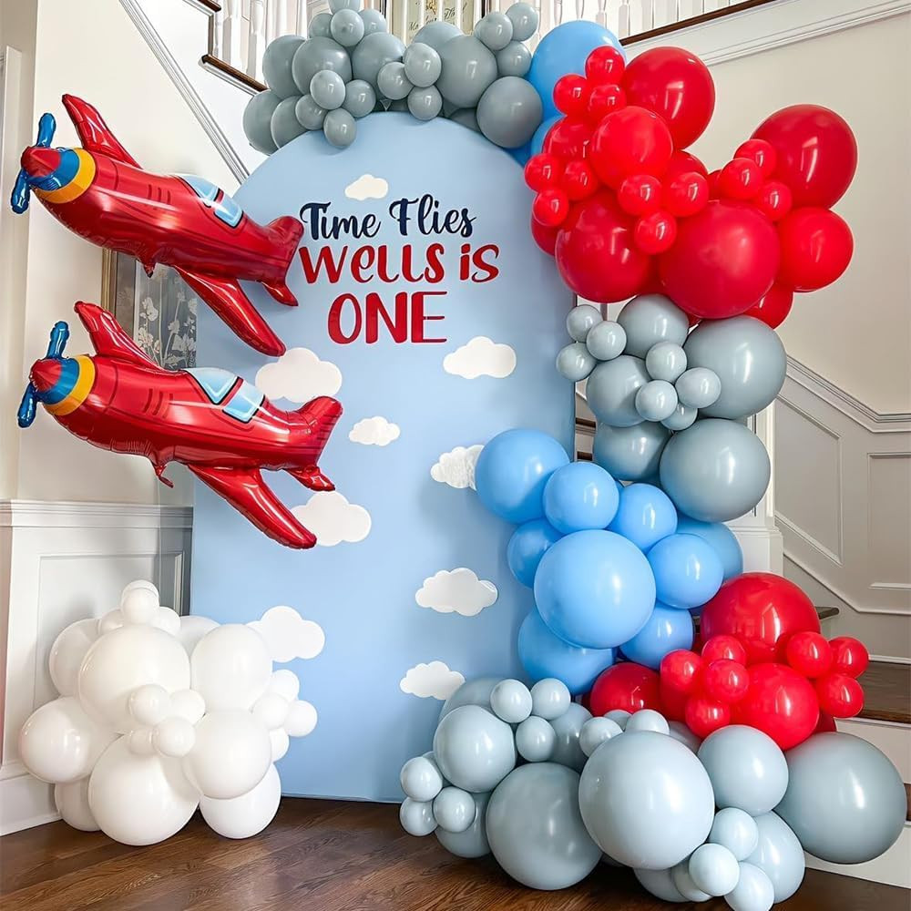 Airplane Birthday Party Decorations 141pcs Airplane Balloon Garland Arch Kit Dusty Blue and Red w... | Amazon (US)