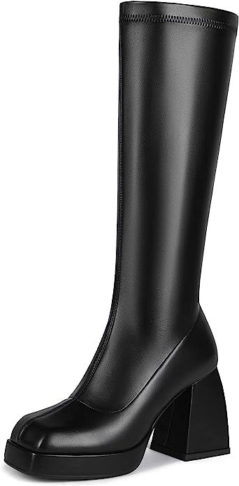 DOBOYG Women's Platform Boots Go Go Boots Knee High Boots Stretchy Square Toe Chunky Block Heeled... | Amazon (US)