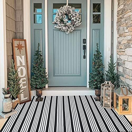 Black and White Striped Outdoor Rug Front Porch Rug 35.4'' x 59'' Front Door Mat Cotton Hand-Wove... | Amazon (US)