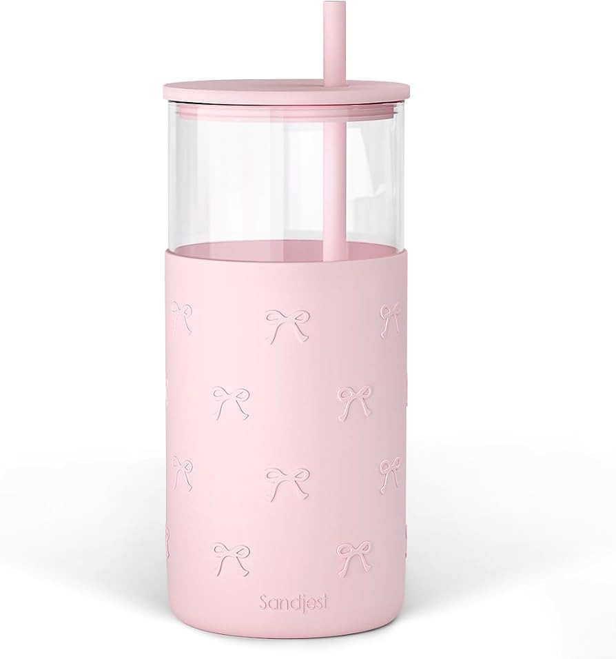 SANDJEST Glass Tumbler with Straw and Lid, Bow Glass Water Bottle with Silicone Sleeve 20oz, Smoo... | Amazon (US)