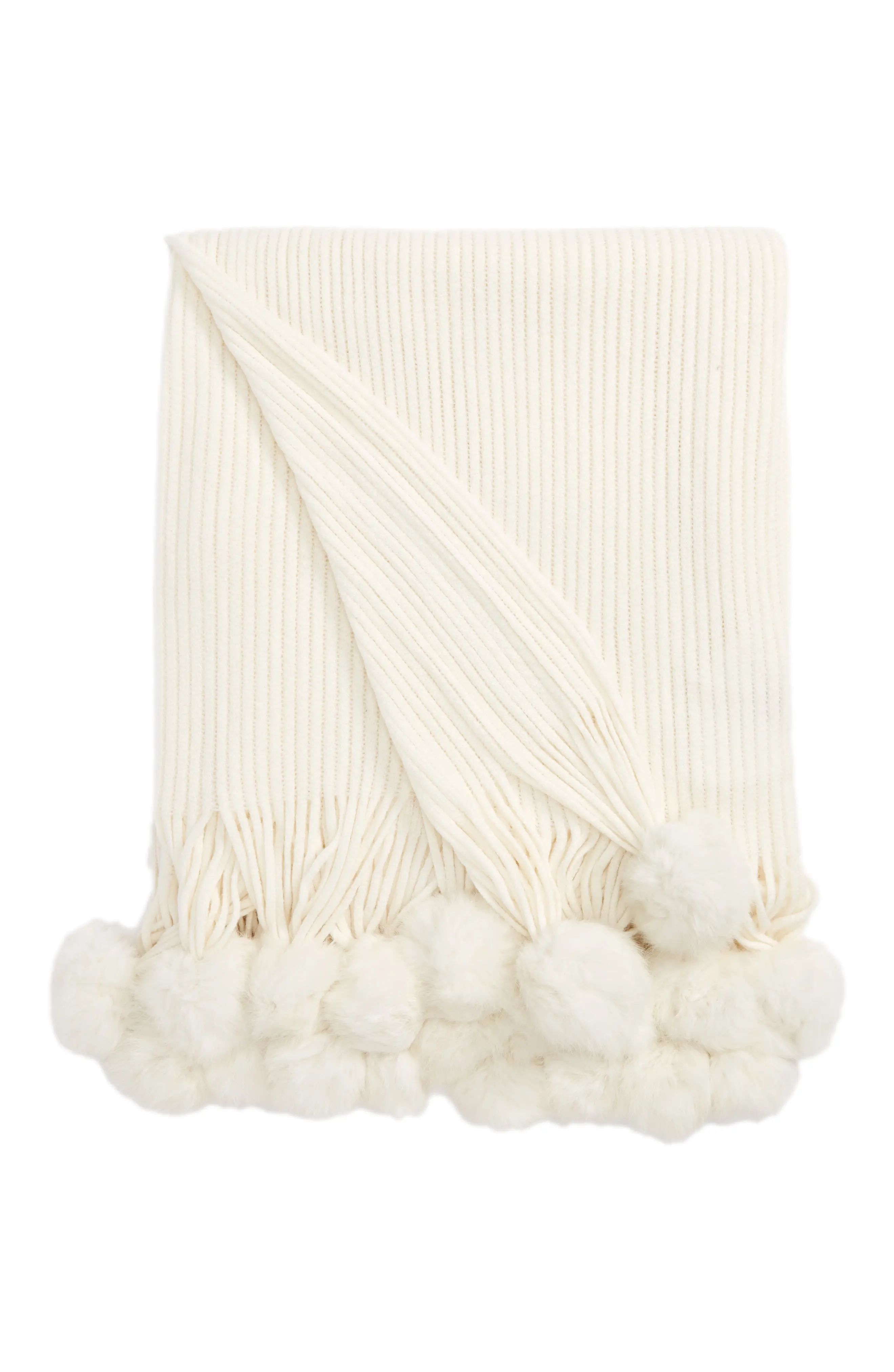 Genuine Rabbit Fur Pompom Rib Knit Throw | Nordstrom