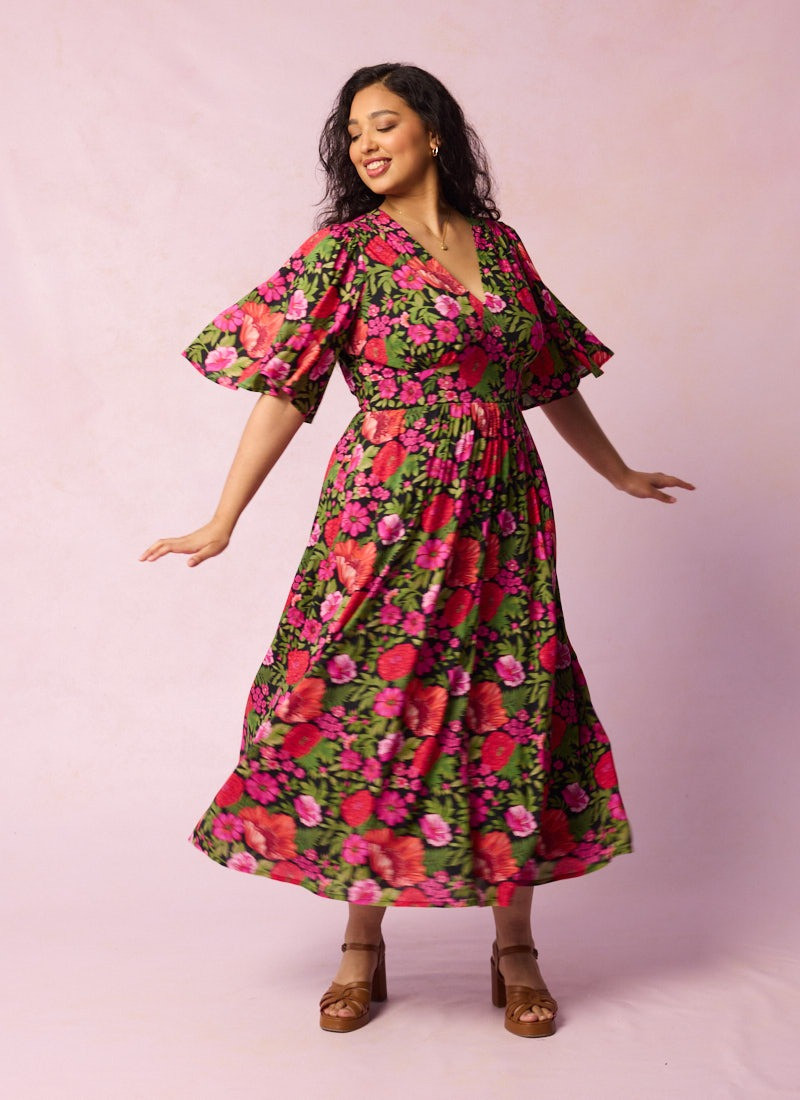Desdemona Pink Floral Print Midi Dress | Joanie