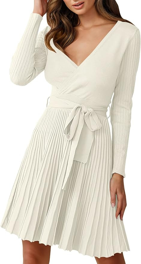 LOGENE Women's Wrap Sweater Dress V Neck Long Sleeve Swing Knit Mini Dresses with Belt | Amazon (US)