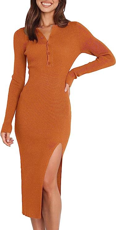 Prinbara Women's V Neck Long Sleeve Collared Button Down Knitted Bodycon Slit Midi Sweater Dress | Amazon (US)