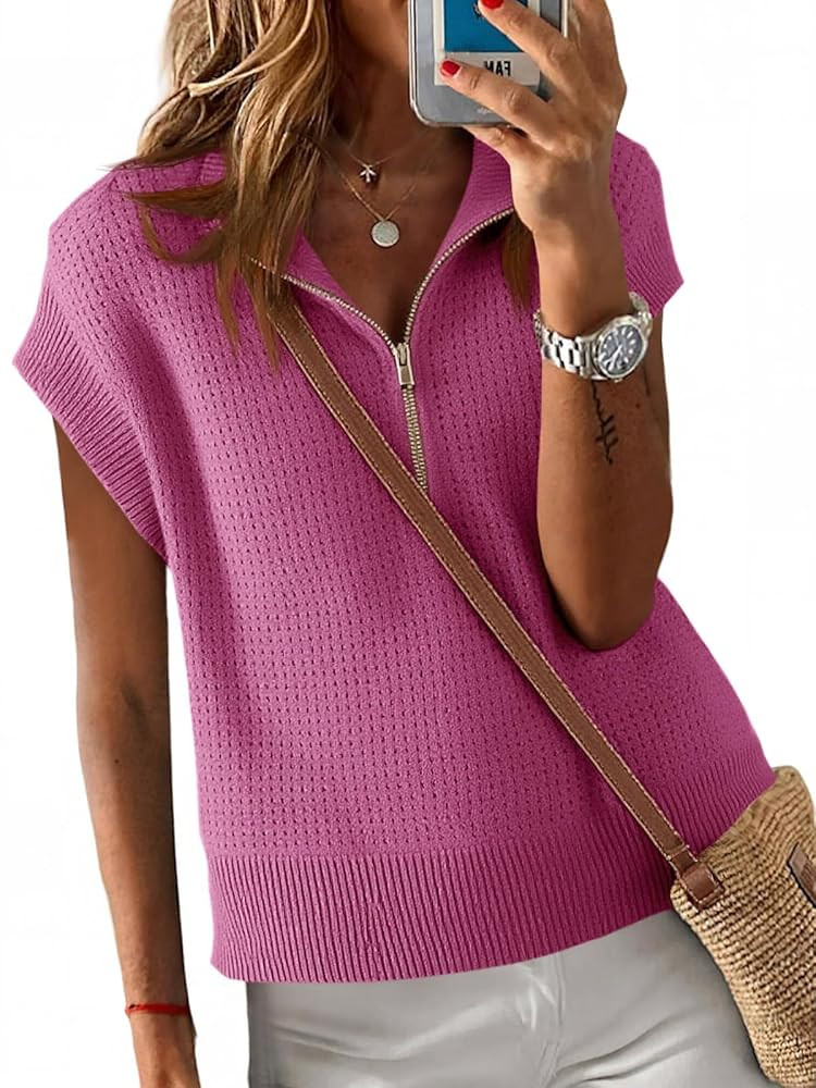 Langwyqu Womens Short Sleeve Cropped Knit Tops Half Zip Cap Sleeve Lightweight Oversized Sweater ... | Amazon (US)