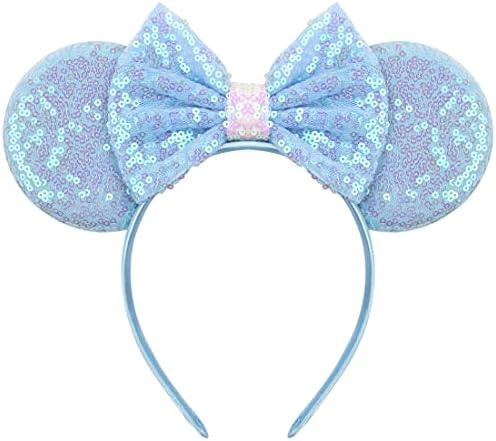 YanJie Dream Blue Sparkle Bow Sequin Mouse Ear Cosplay Party Hairband | Amazon (US)