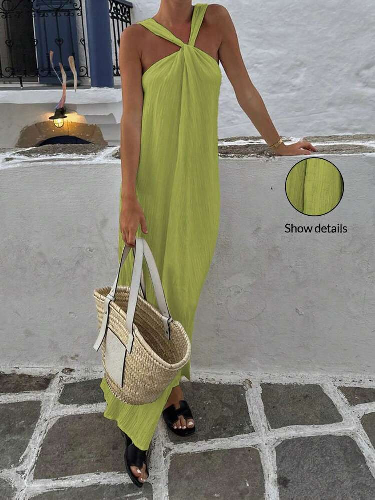 INAWLY Solid Twist Front Halter Dress For Summer | SHEIN