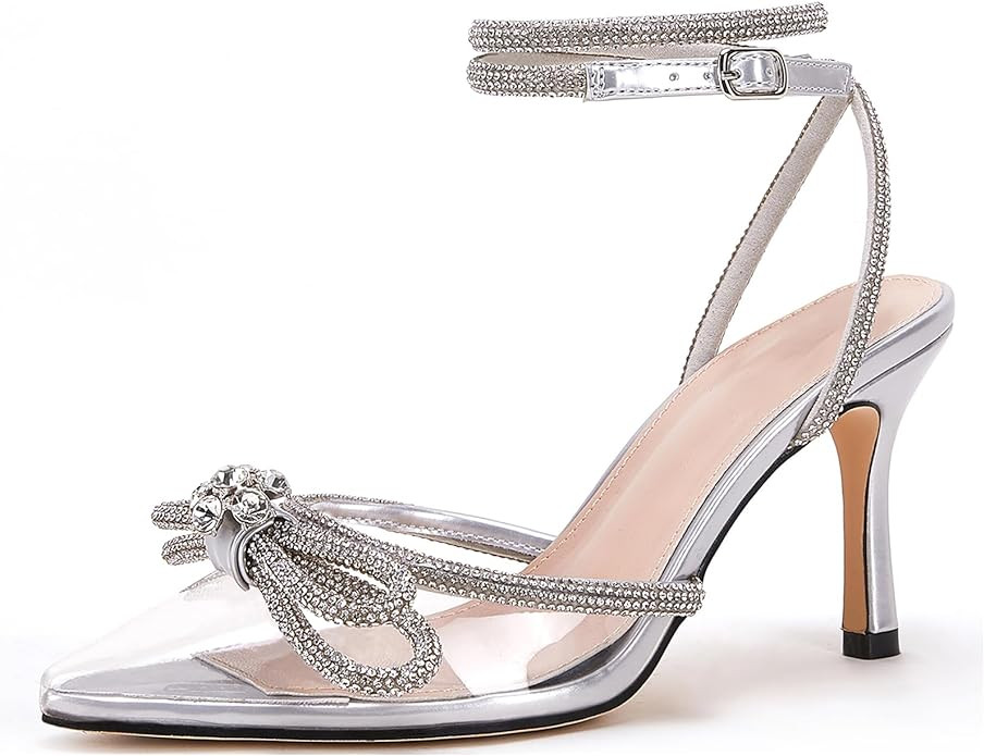VETASTE Women's Double Bow Pointed Toe Ankle Strap Crystal Pumps Wedding Bridal Party Stilettos B... | Amazon (US)